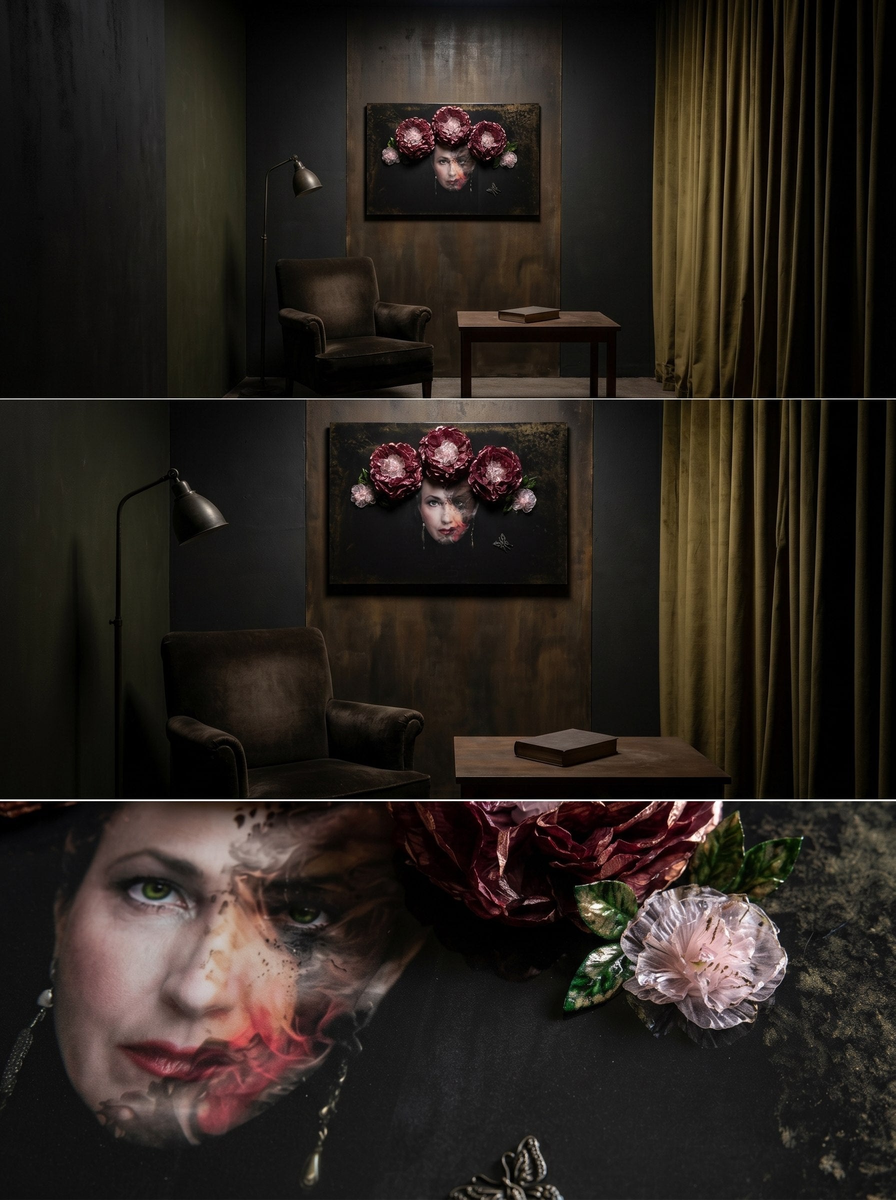 Black Abyss unique wall art — close-up of handmade resin flowers and dimensional composition, ConelAlma ESP