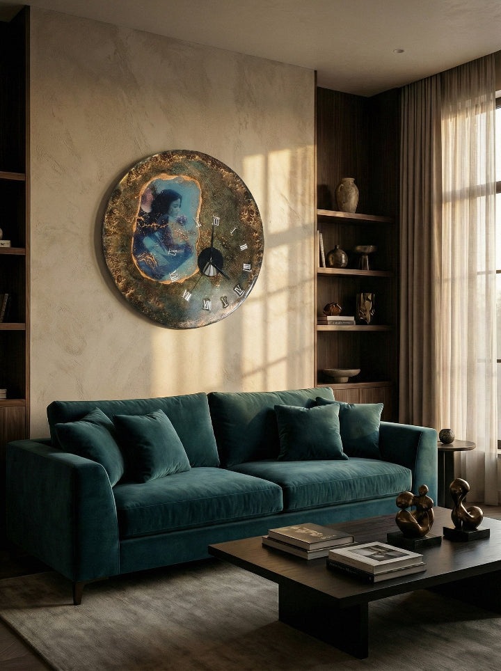 The Angel's Share resin wall clock with personal photo — amber & gold swirls, handmade by ConelAlma