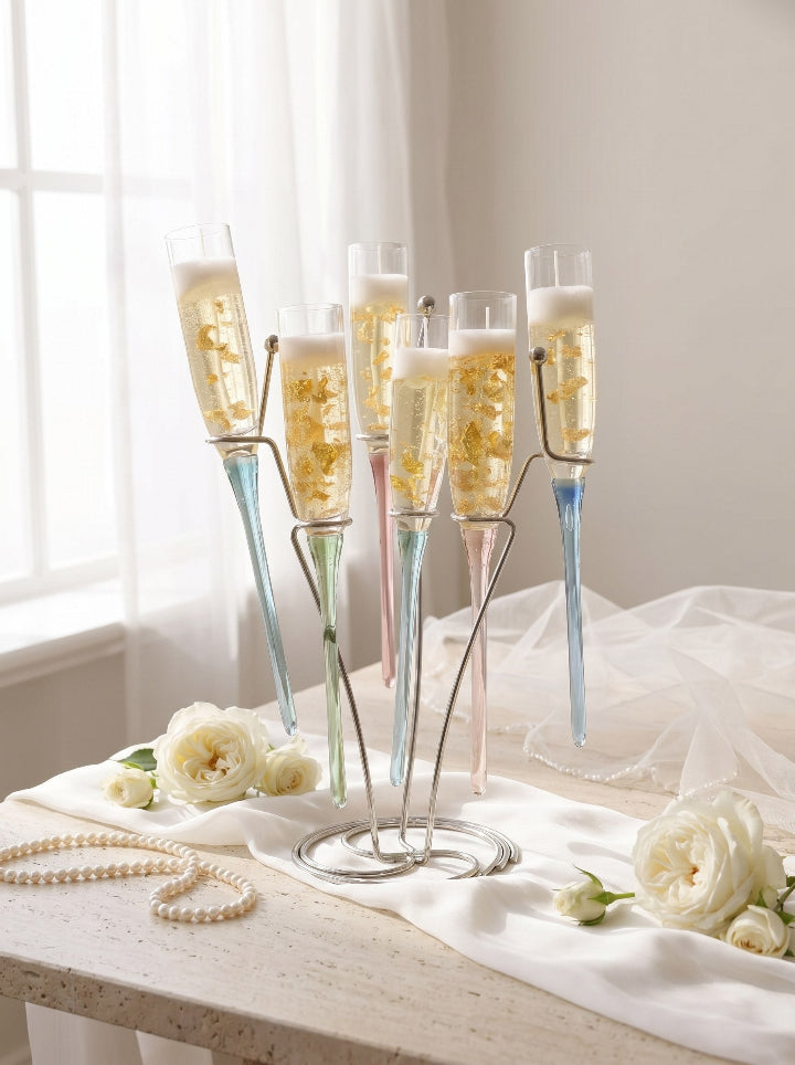 Golden Cuvée beeswax candle flute set on stand, front view, ConelAlma ESP