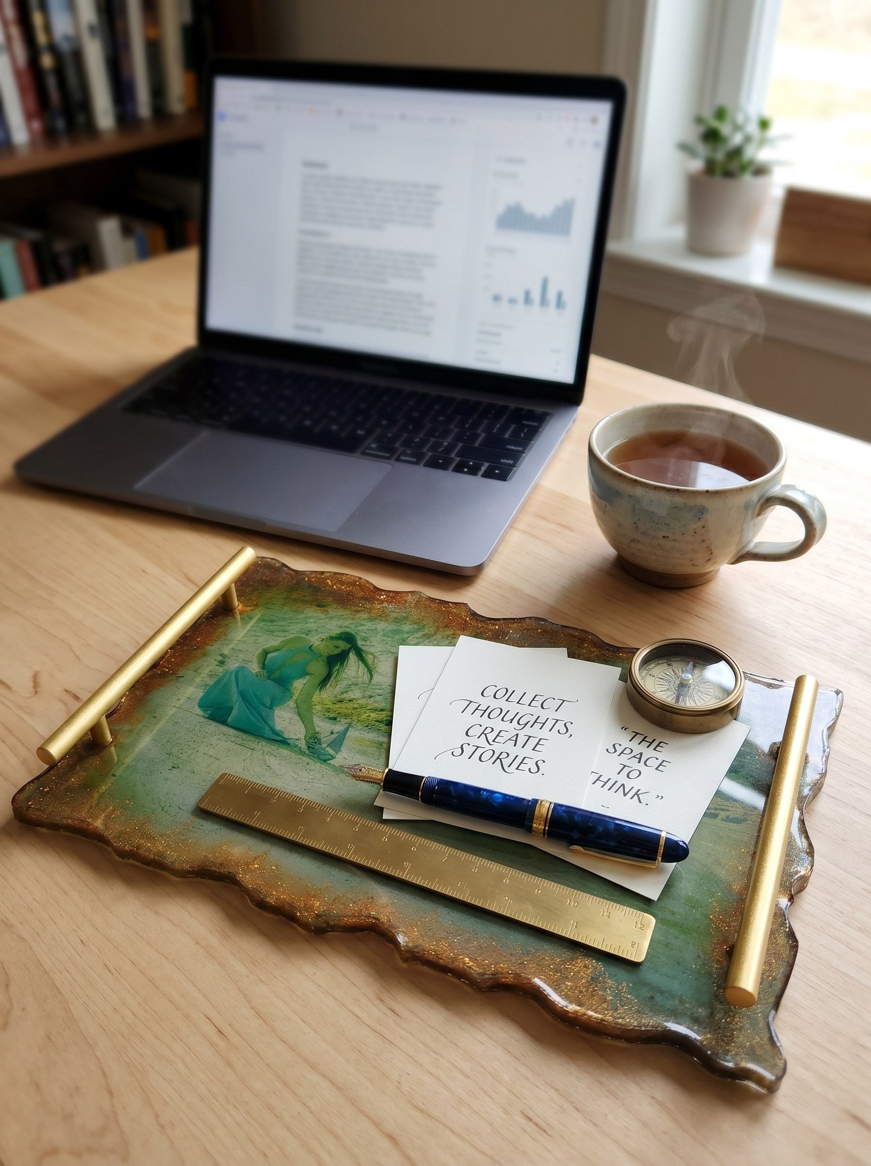 Personalised resin coffee tray — side view, unique photo keepsake, made in Spain