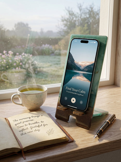 Custom resin phone stand with personal photo — unique desk accessory, handmade in Spain by ConelAlma ESP