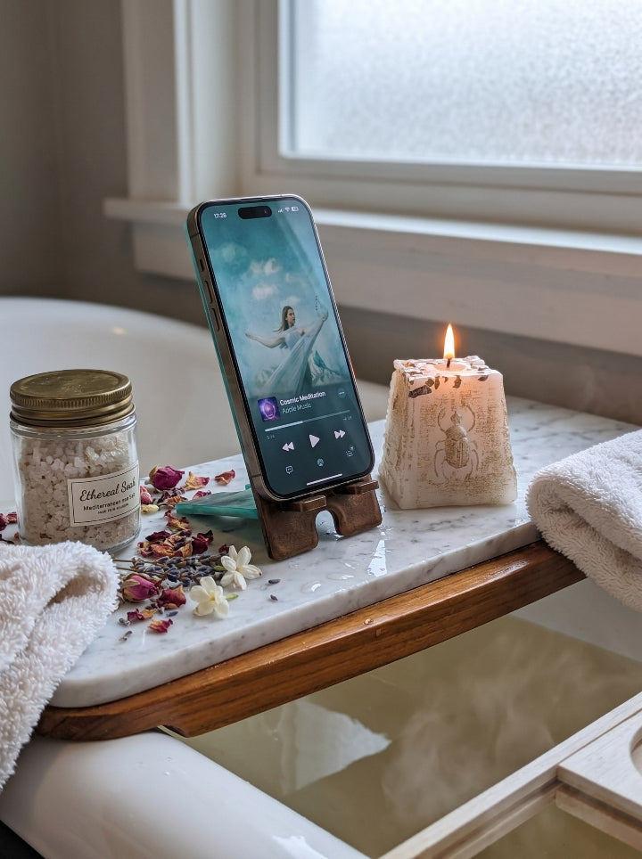 WickToria resin phone stand — detail view, custom photo embedded in resin, made in Spain