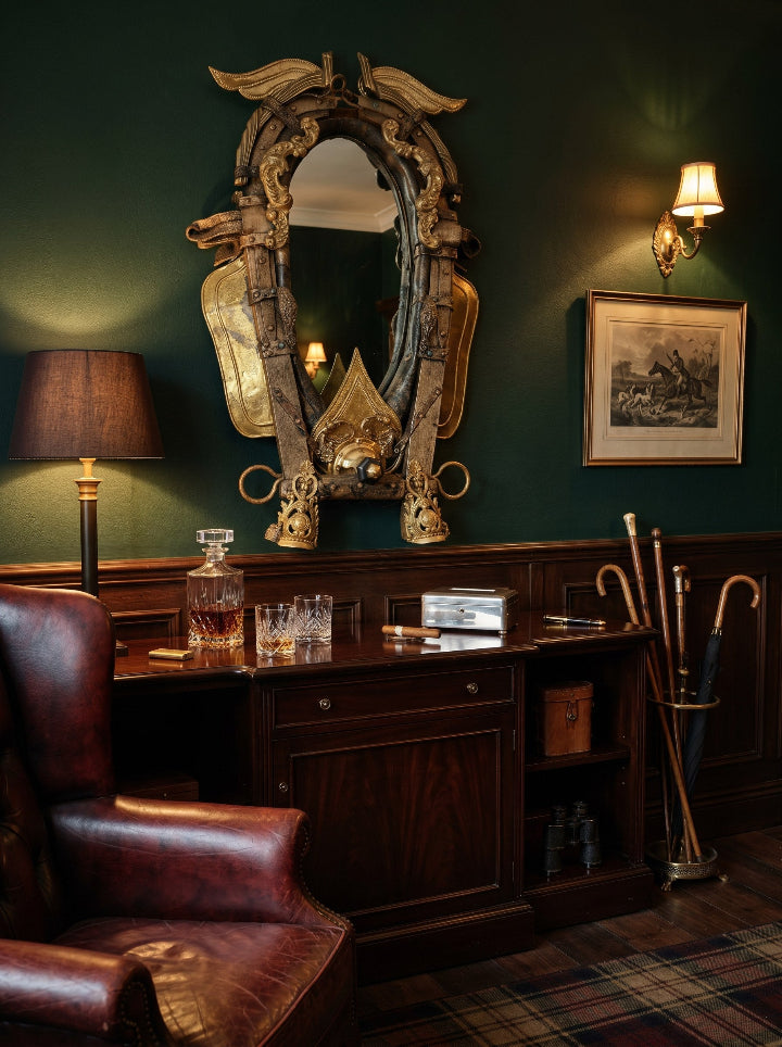 Decorative wall mirror with equestrian harness elements — luxury rural interior, Statement Piece collection