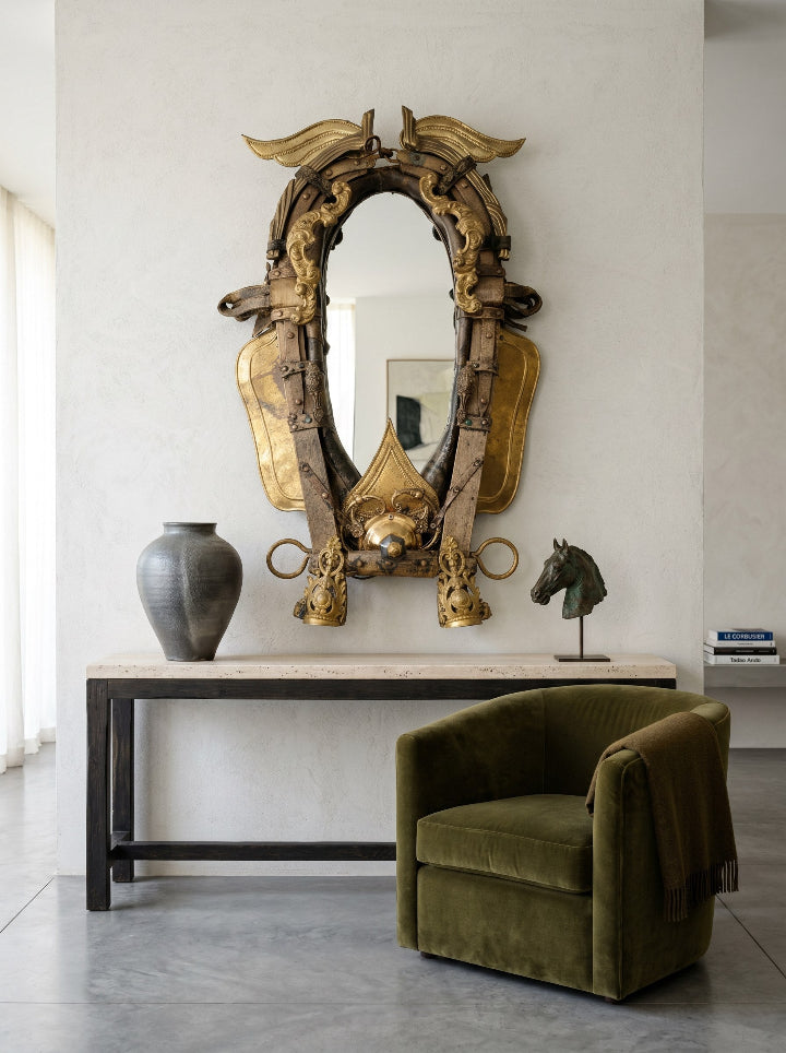 Transylvanian Ride mirror — ornate gold and bronze harness frame, white background studio shot